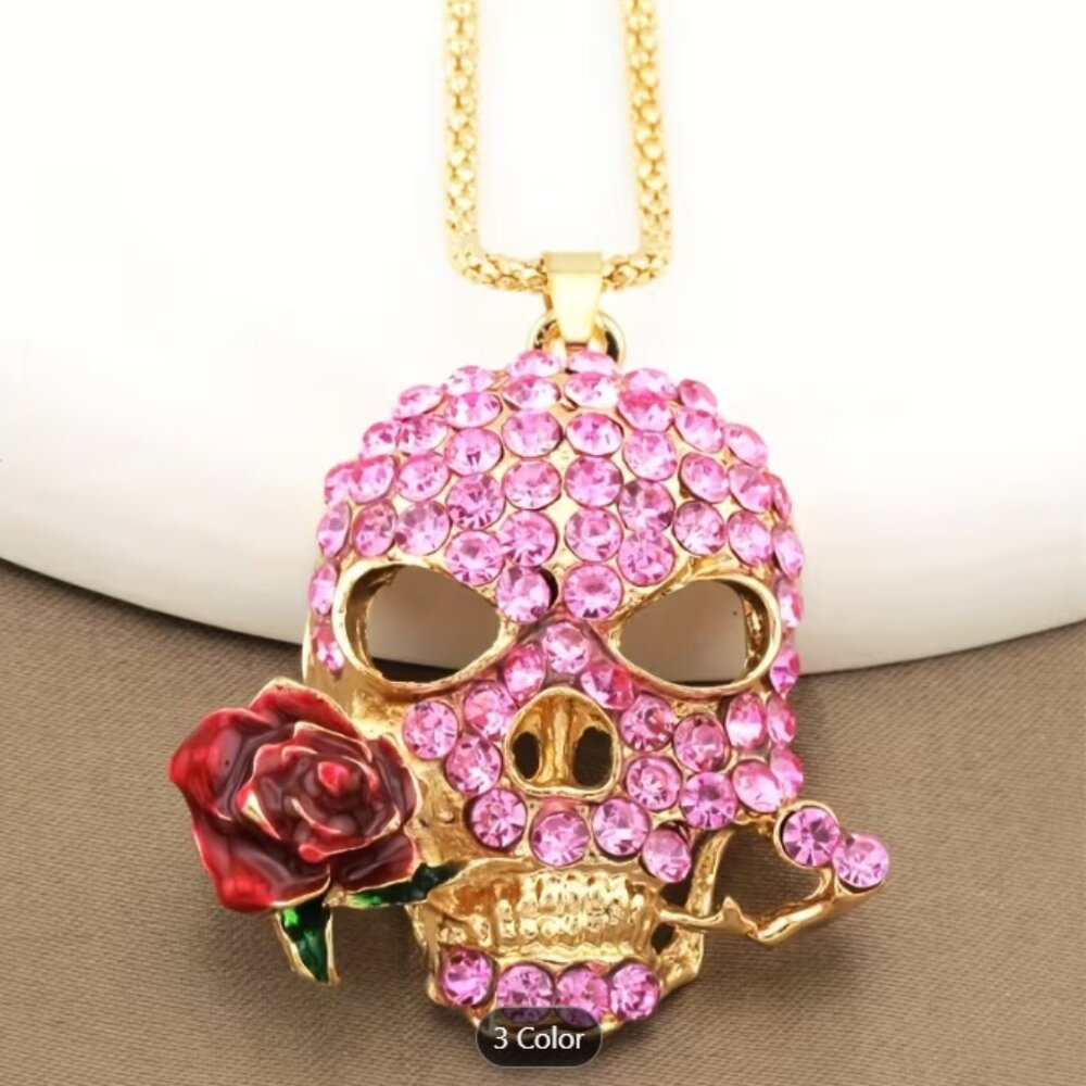 Enamel Pink Crystal Skull Goldplated Pendant Long Fashion Necklace